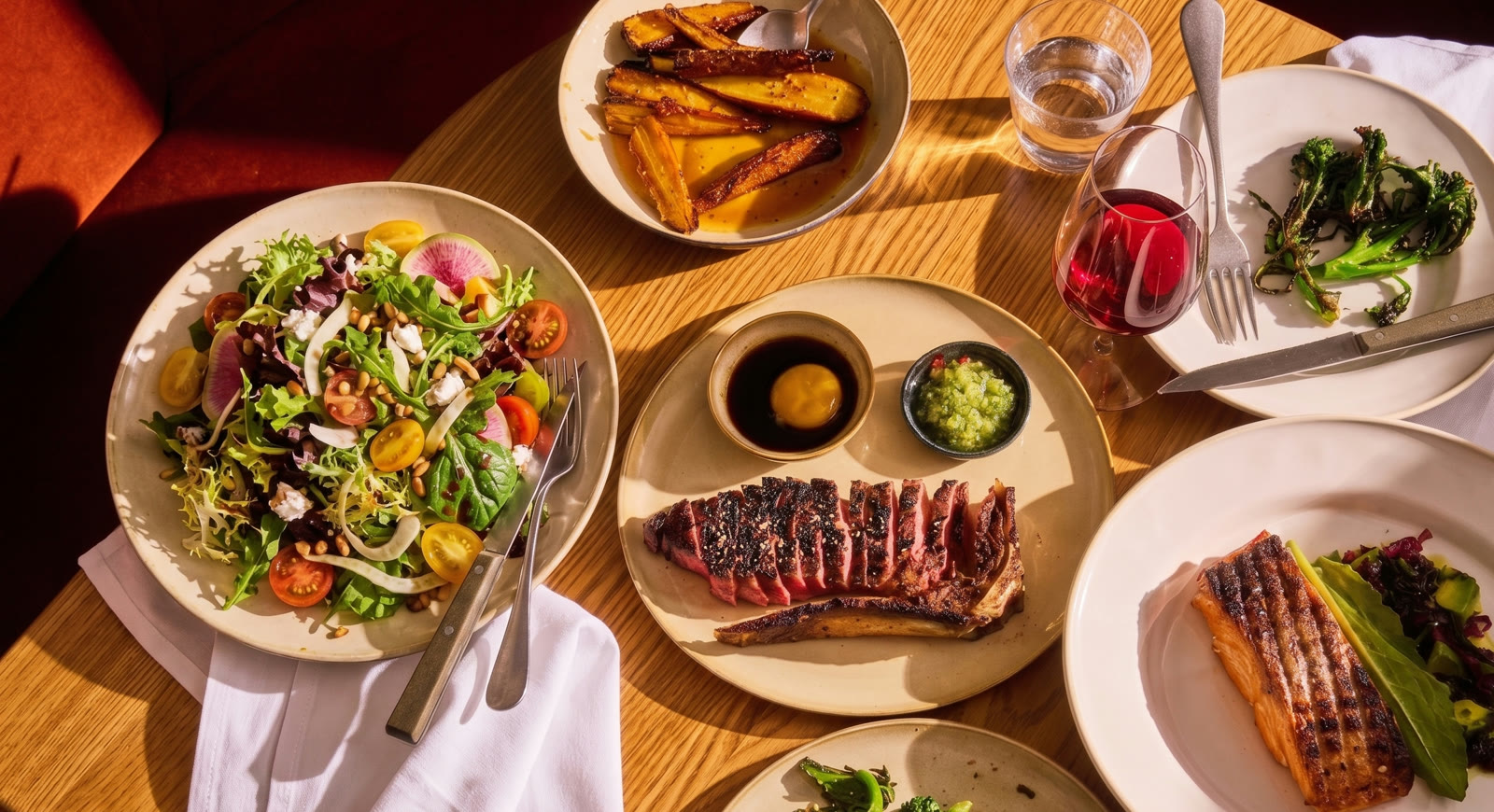 A spread of real restaurant dishes — composed salad, grilled steak, salmon, charred vegetables and wine